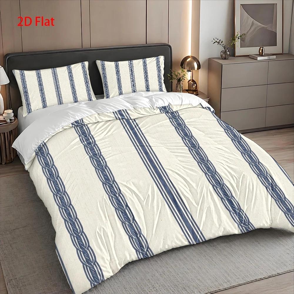Housse de couette écrue rayée bleu marine, parure 3 pièces