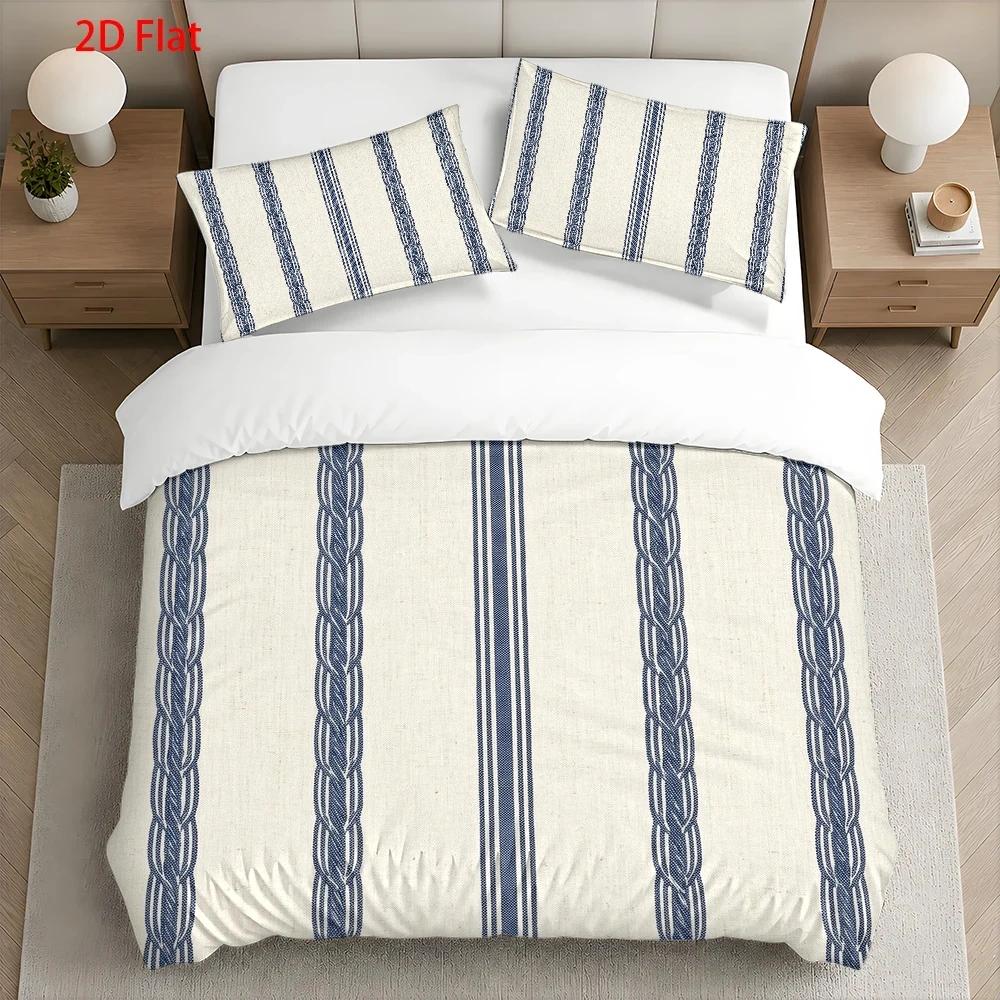 Housse de couette écrue rayée bleu marine, parure 3 pièces