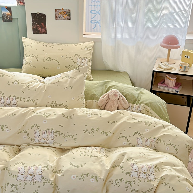 Housse de couette enfant 4 pièces, lapins et feuillage