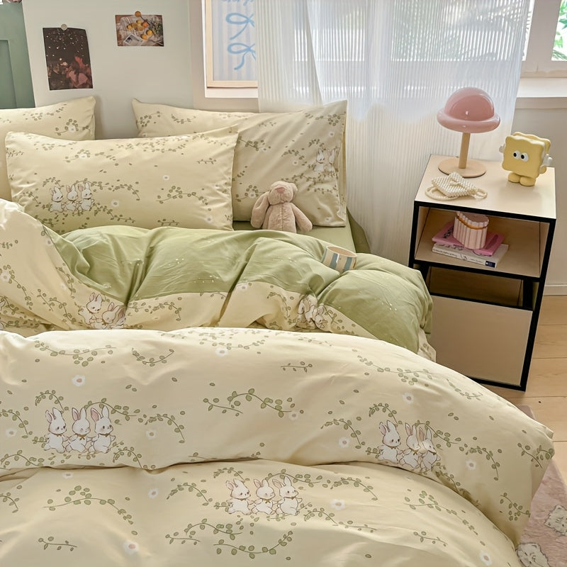 Housse de couette enfant 4 pièces, lapins et feuillage