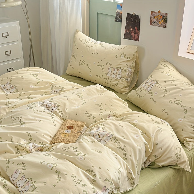 Housse de couette enfant 4 pièces, lapins et feuillage
