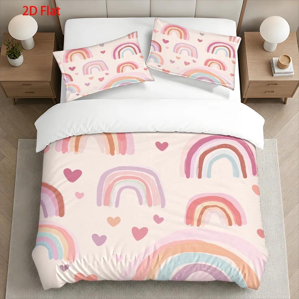 Housse de couette enfant, arcs-en-ciel et cœurs pastel 90x190