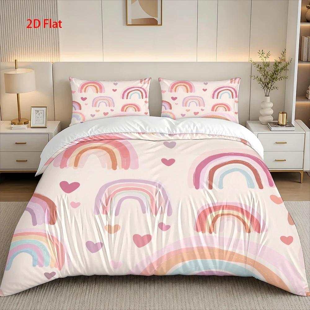 Housse de couette enfant, arcs-en-ciel et cœurs pastel 90x190