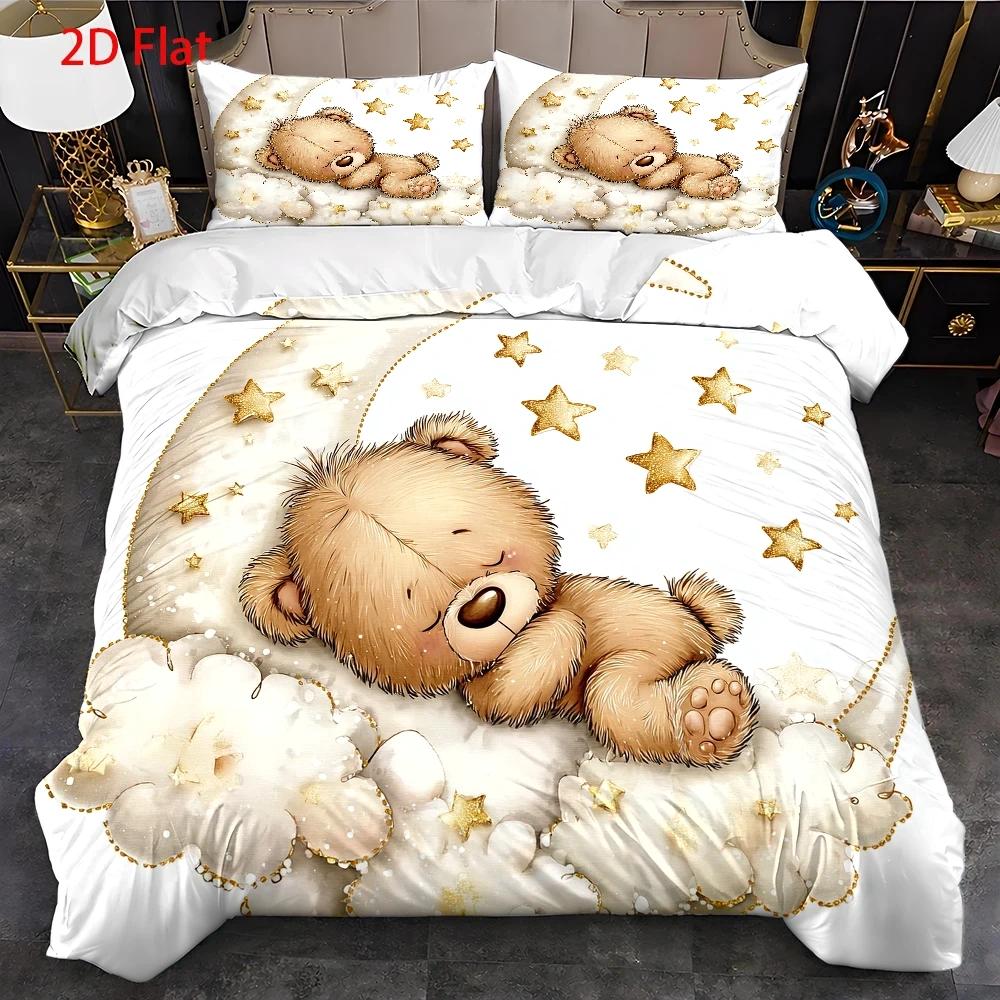 Housse de couette enfant, ourson endormi sur un croissant de lune