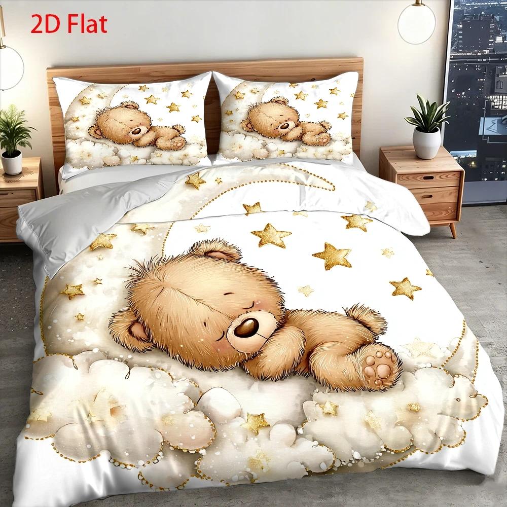 Housse de couette enfant, ourson endormi sur un croissant de lune