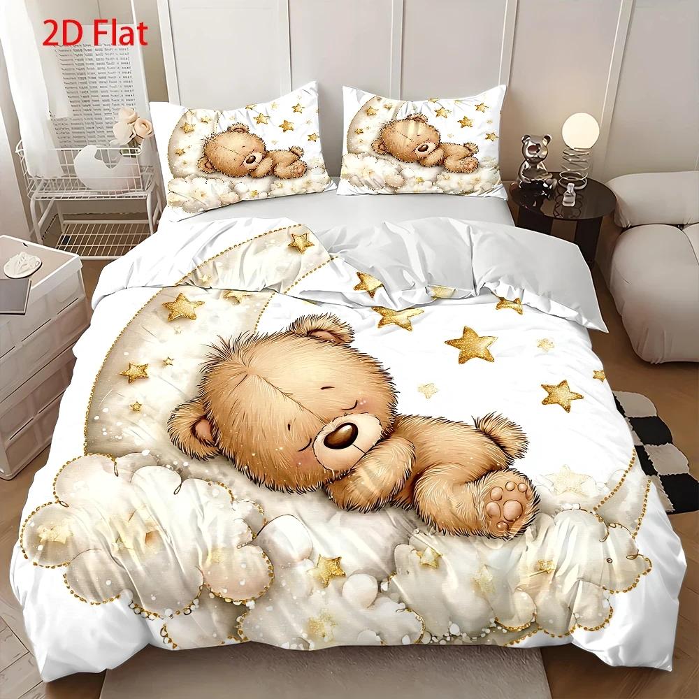 Housse de couette enfant, ourson endormi sur un croissant de lune