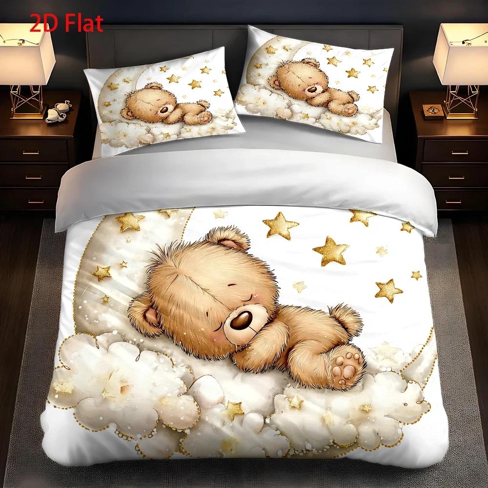 Housse de couette enfant, ourson endormi sur un croissant de lune