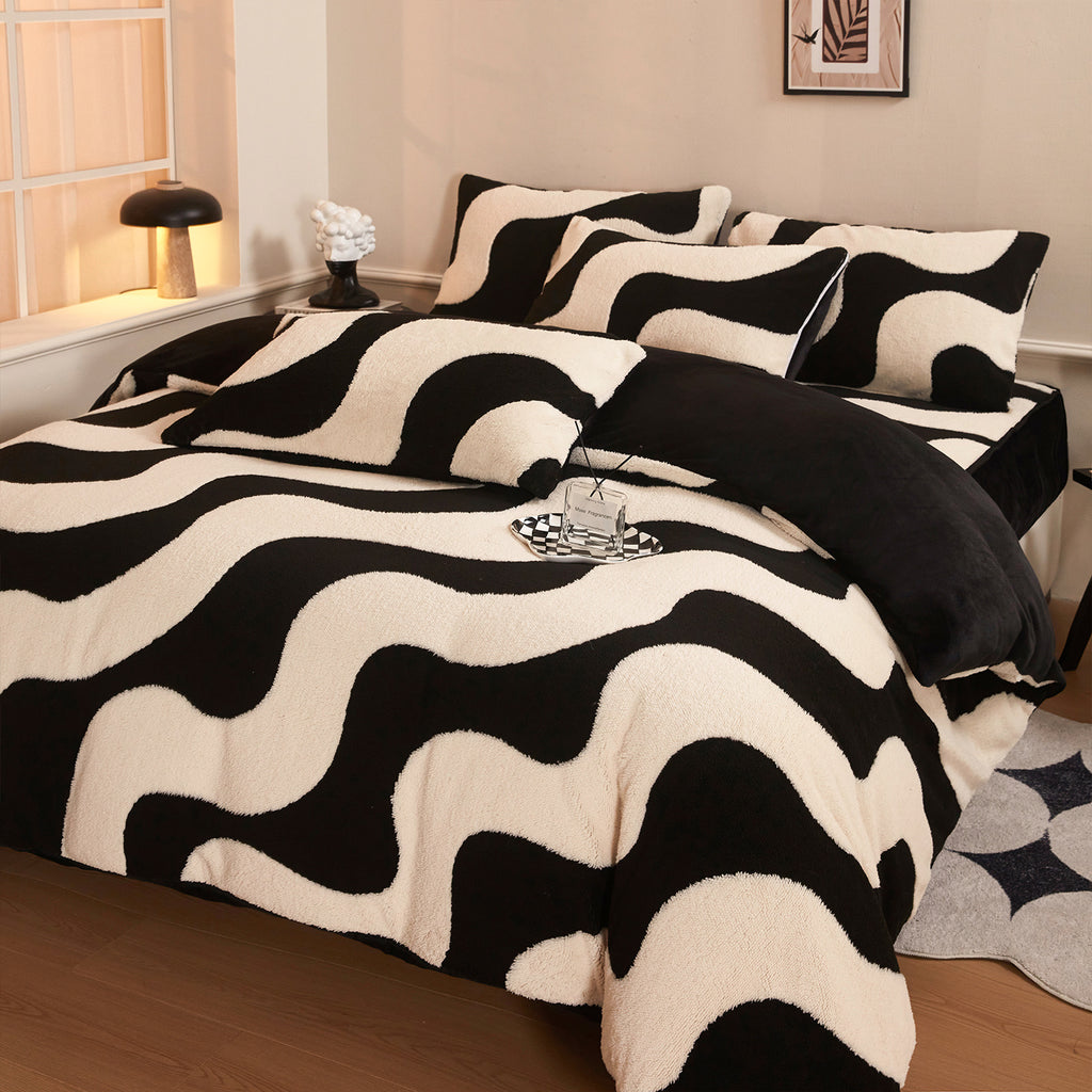 Housse de couette noir et écru, motif touffeté en relief