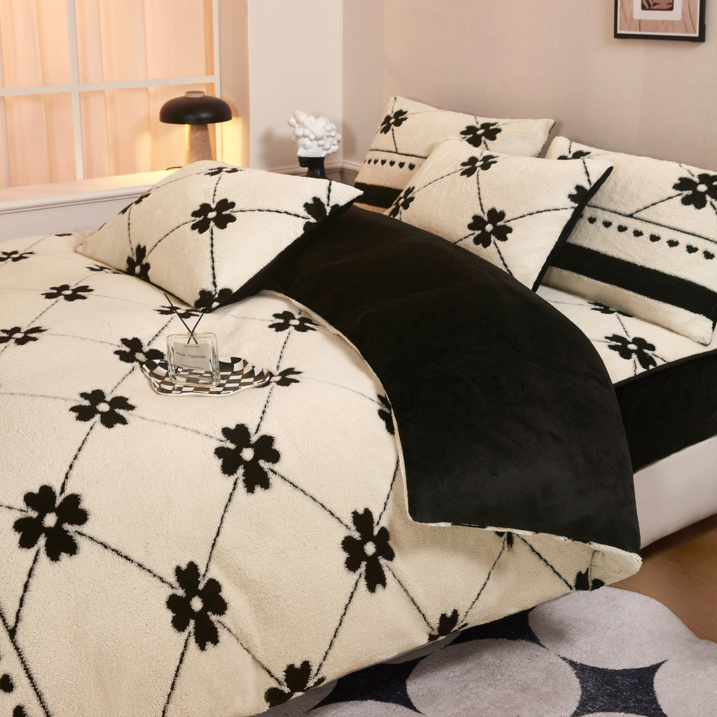 Housse de couette noir et écru, motif touffeté en relief