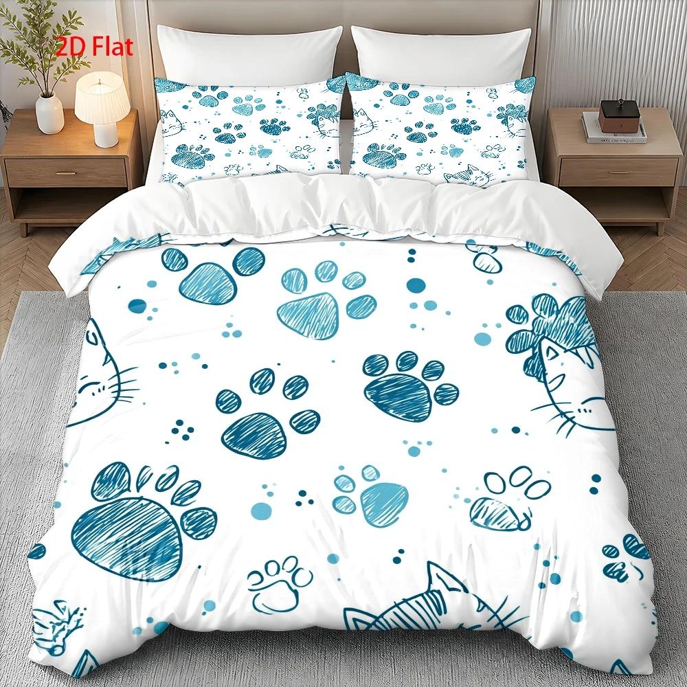 Housse de couette pattes de chat bleues, parure 3 pièces