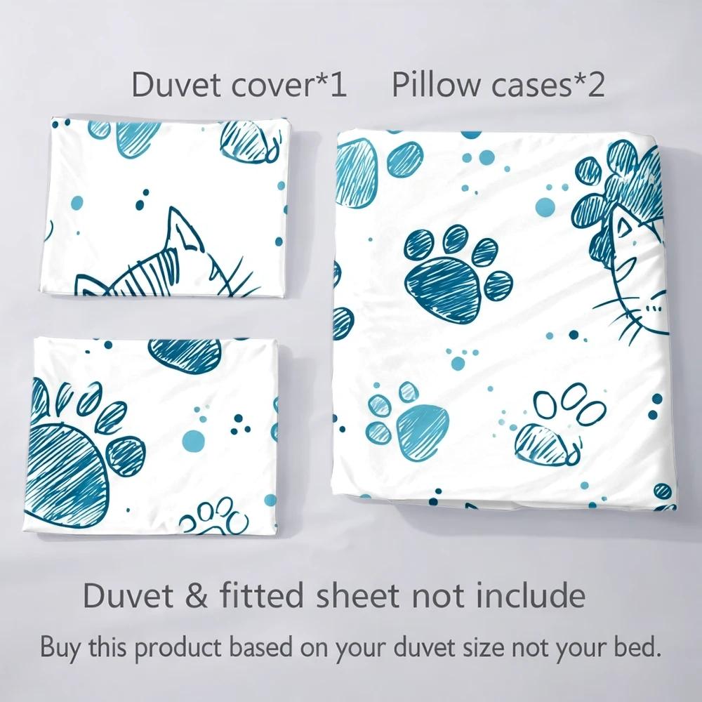Housse de couette pattes de chat bleues, parure 3 pièces