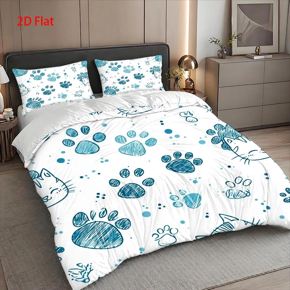 Housse de couette pattes de chat bleues, parure 3 pièces