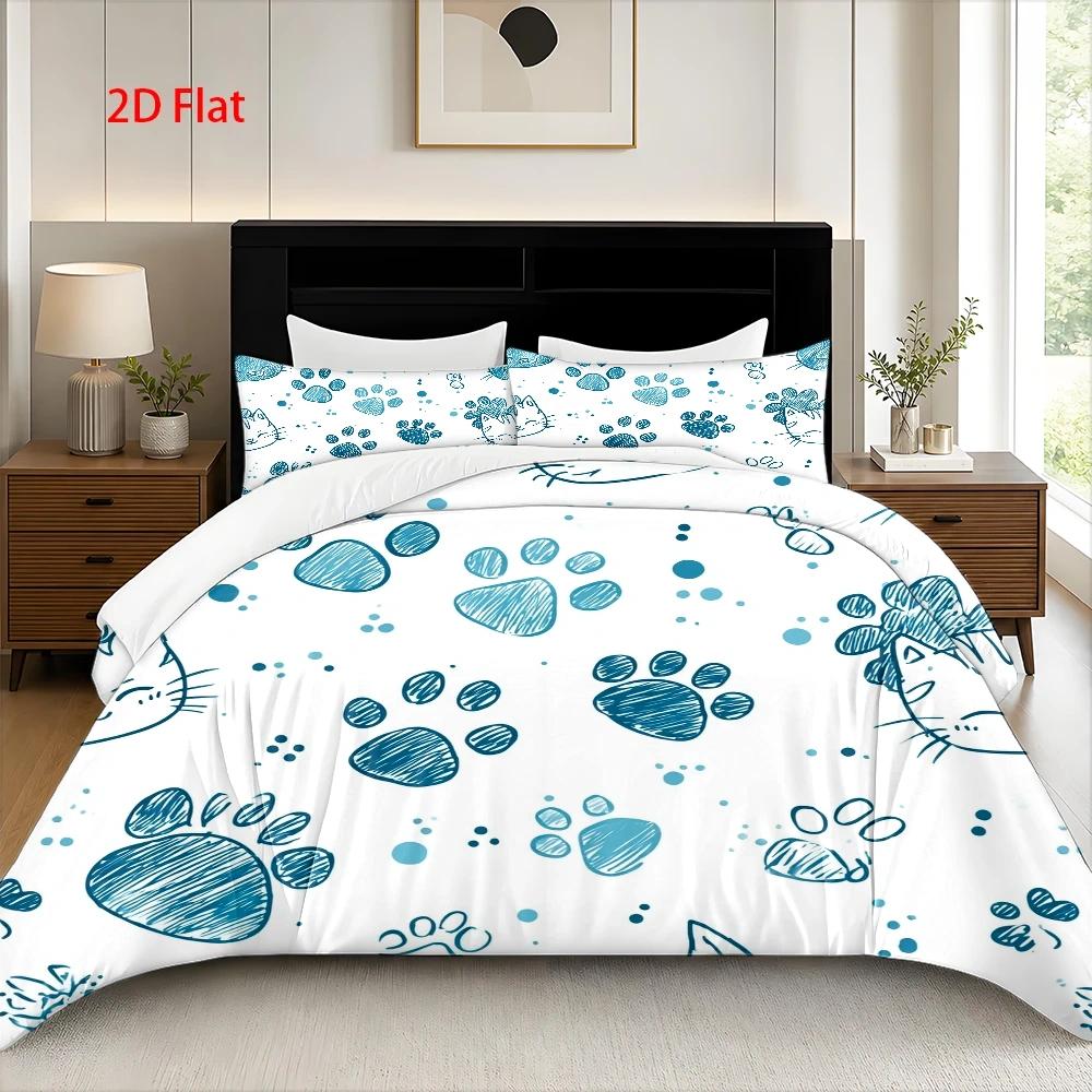 Housse de couette pattes de chat bleues, parure 3 pièces