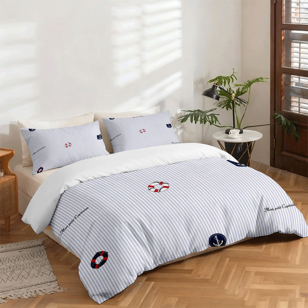 Housse de couette rayée bleu clair, ancres et bouées marines