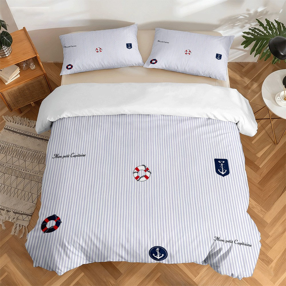 Housse de couette rayée bleu clair, ancres et bouées marines