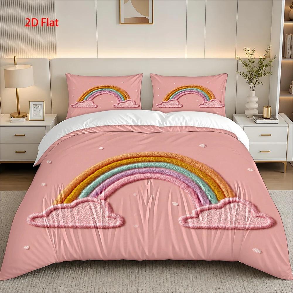 Housse de couette rose enfant, arc-en-ciel façon broderie