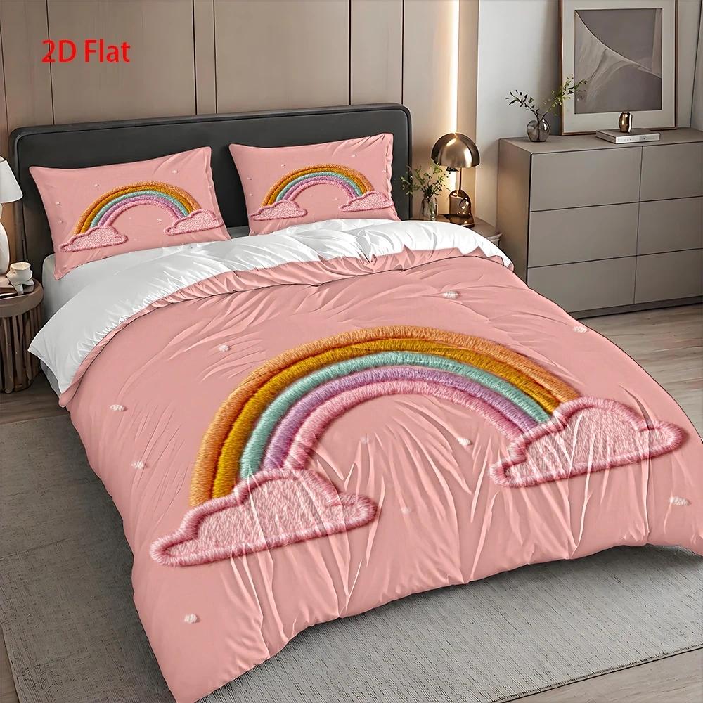 Housse de couette rose enfant, arc-en-ciel façon broderie