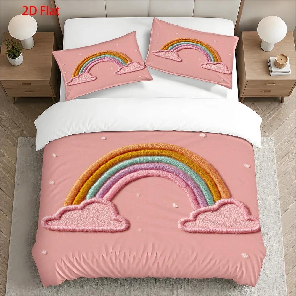 Housse de couette rose enfant, arc-en-ciel façon broderie