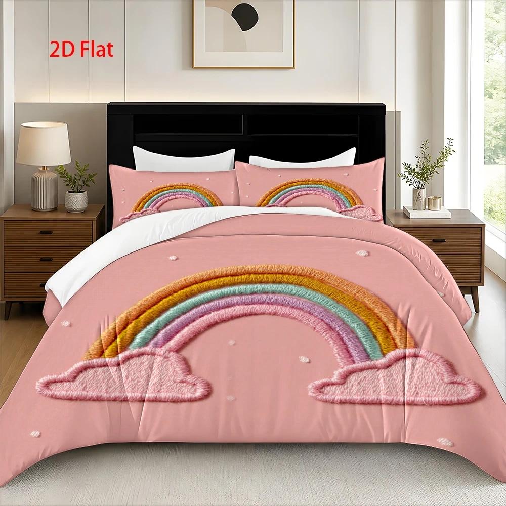 Housse de couette rose enfant, arc-en-ciel façon broderie