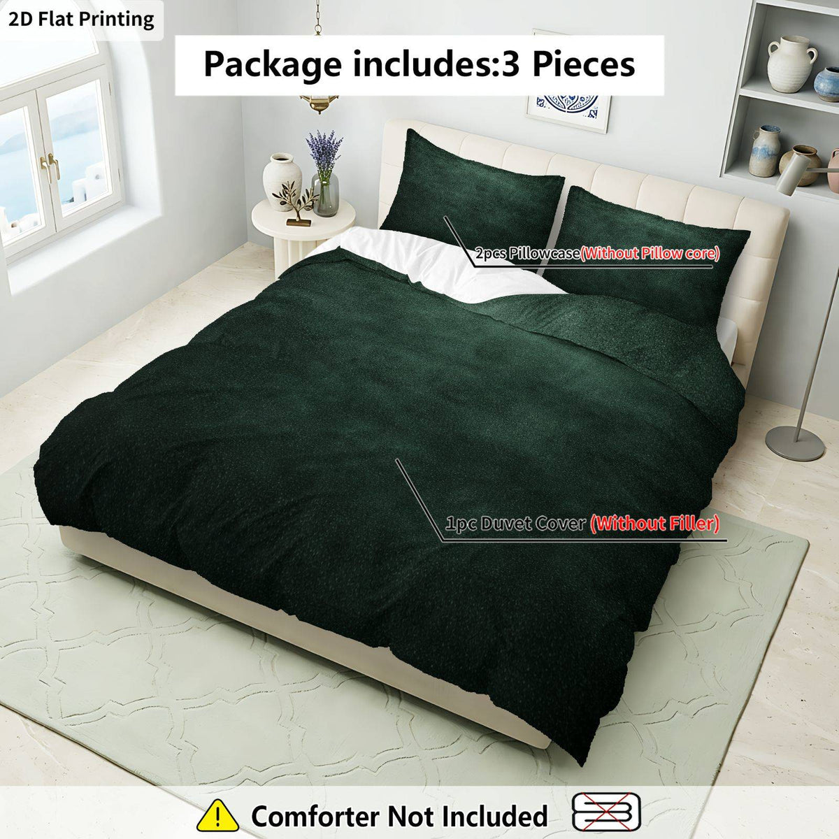 Housse de couette vert émeraude effet velours, 3 pièces