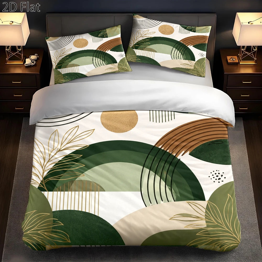Housse de couette verte à arcs et feuillages dorés, 3 pièces
