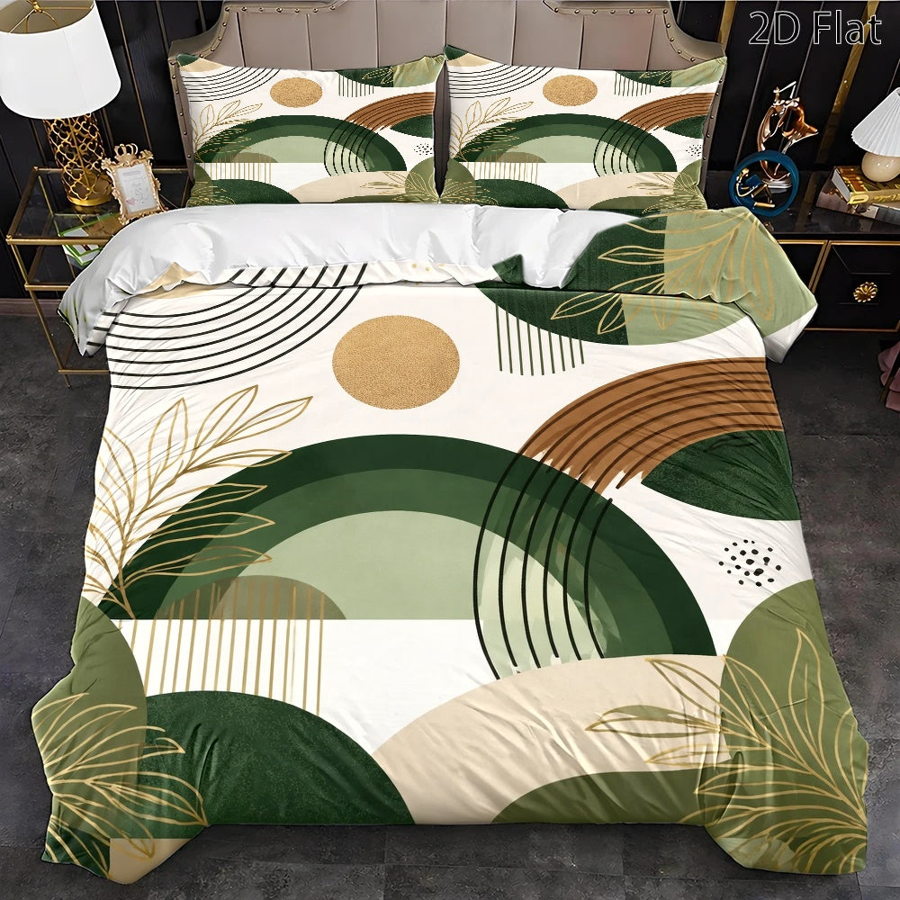 Housse de couette verte à arcs et feuillages dorés, 3 pièces