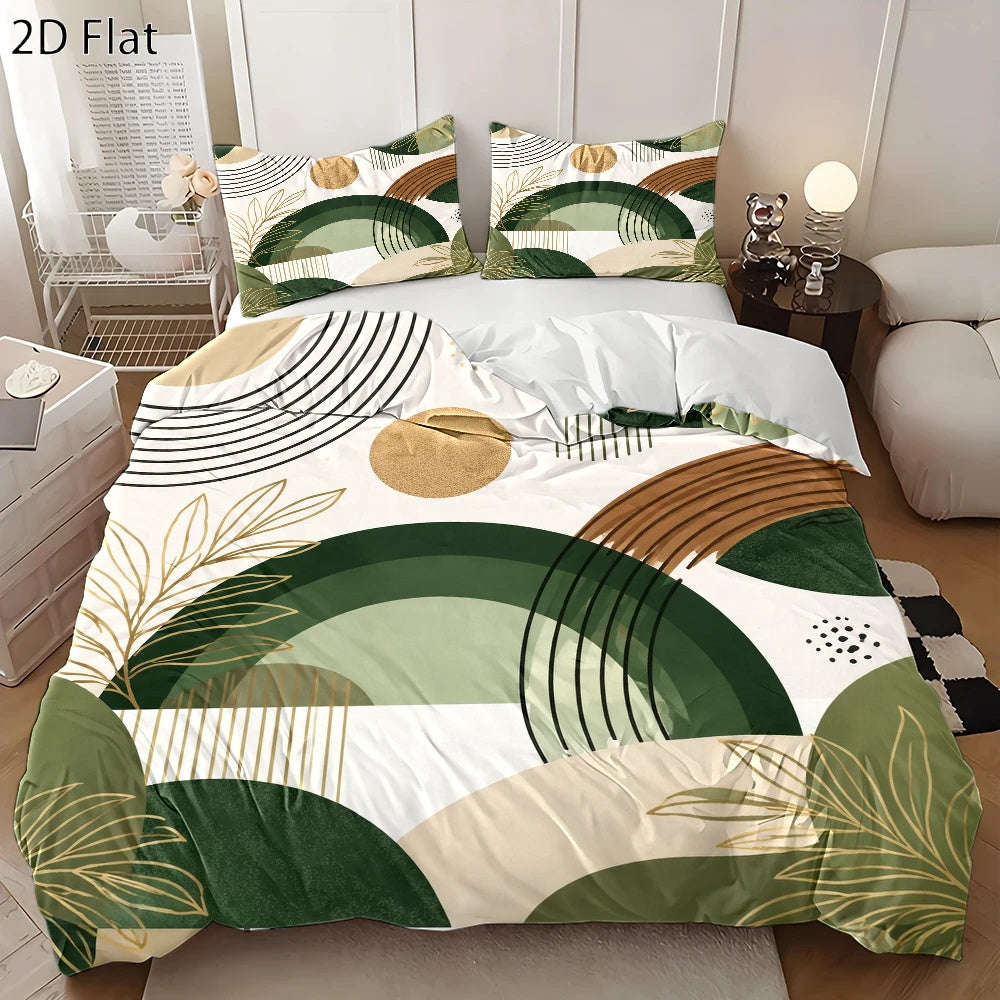 Housse de couette verte à arcs et feuillages dorés, 3 pièces