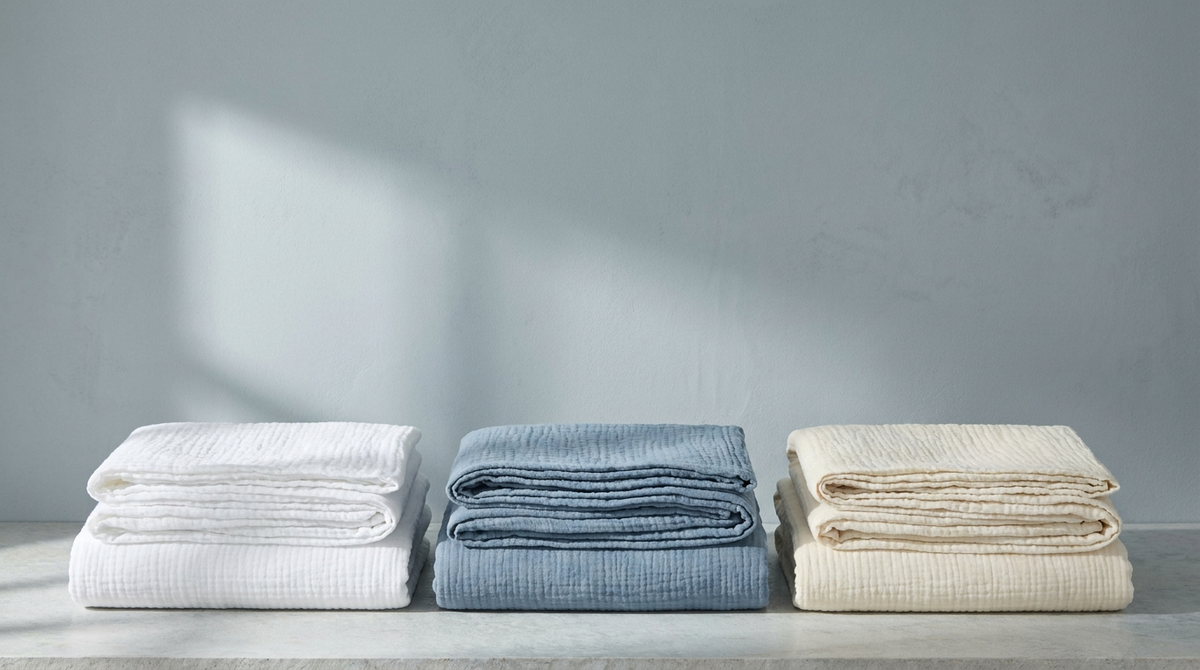 Trois housses de couette pliées, de tailles croissantes