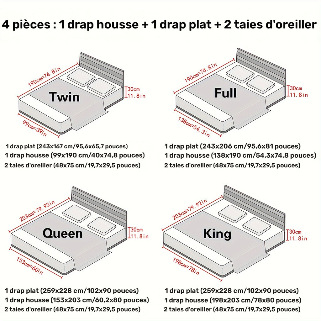 Parure de lit unie 4 pièces en microfibre brossée douce