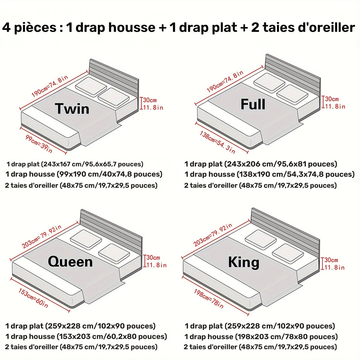 Parure de lit unie 4 pièces en microfibre brossée douce