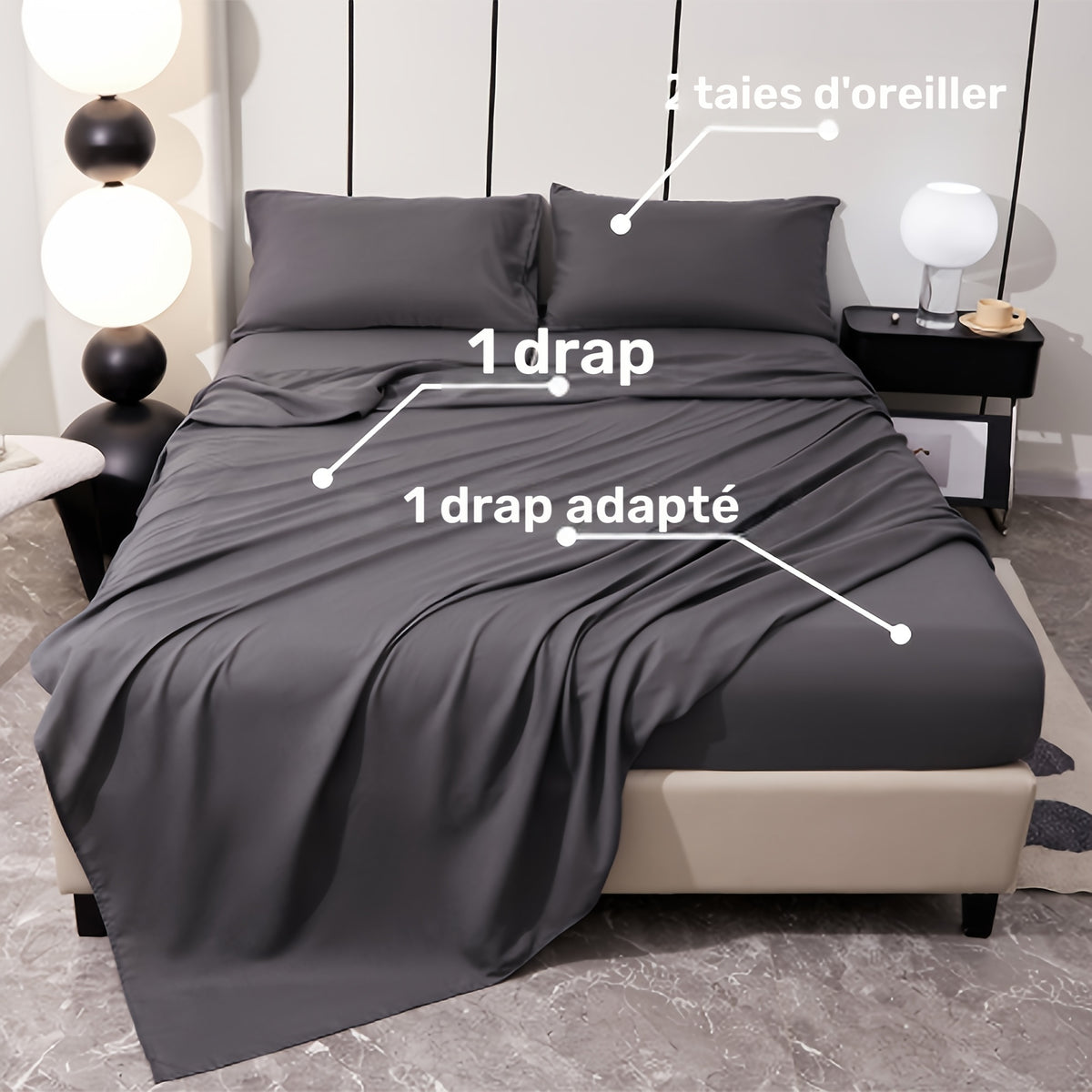 Parure de lit unie 4 pièces en microfibre brossée douce