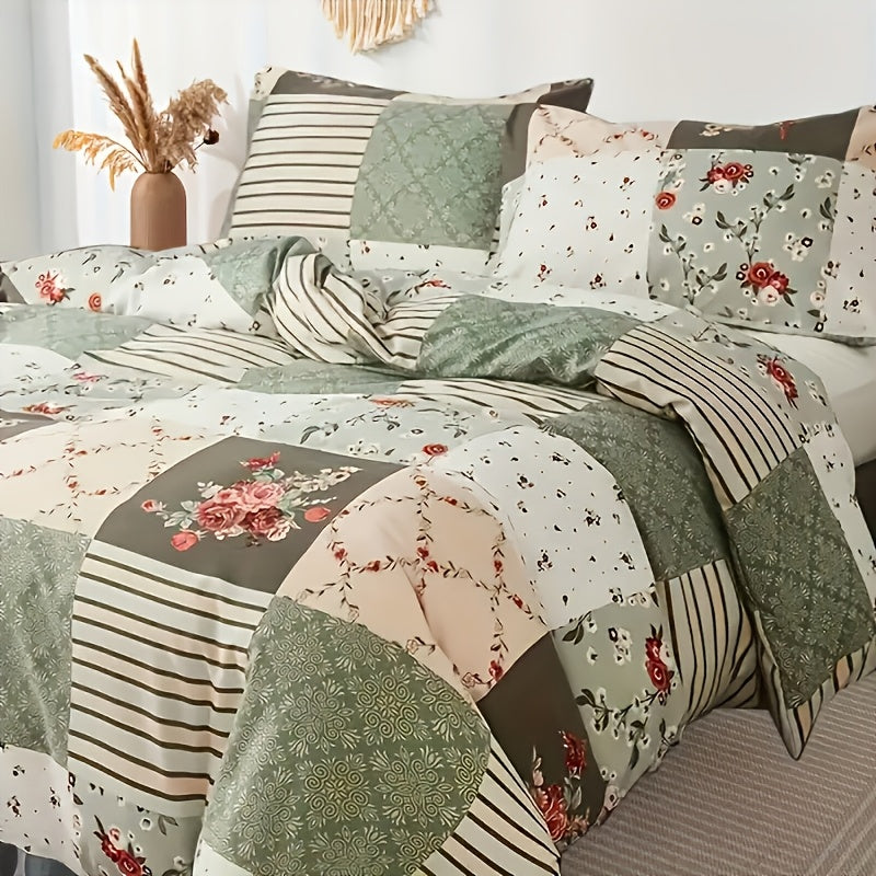 3 pices Housse de Couette Imprime Fleurs Vertes