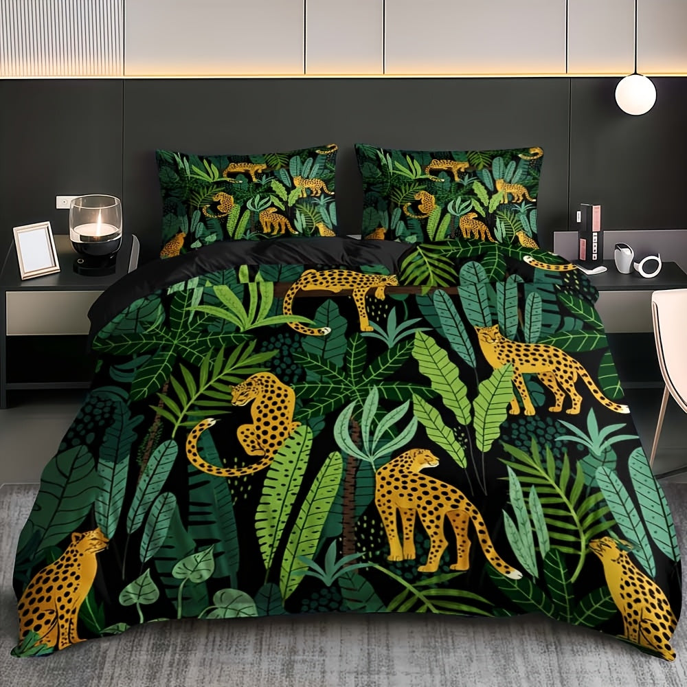 Parure de lit 3 pices style naturel motif gupard et plantes de la fort tropicale humide parure de housse de couette en   impression numrique 2D  plat sans rembourrage tissu doux et confortable convient pour chambres htels auberges et rside