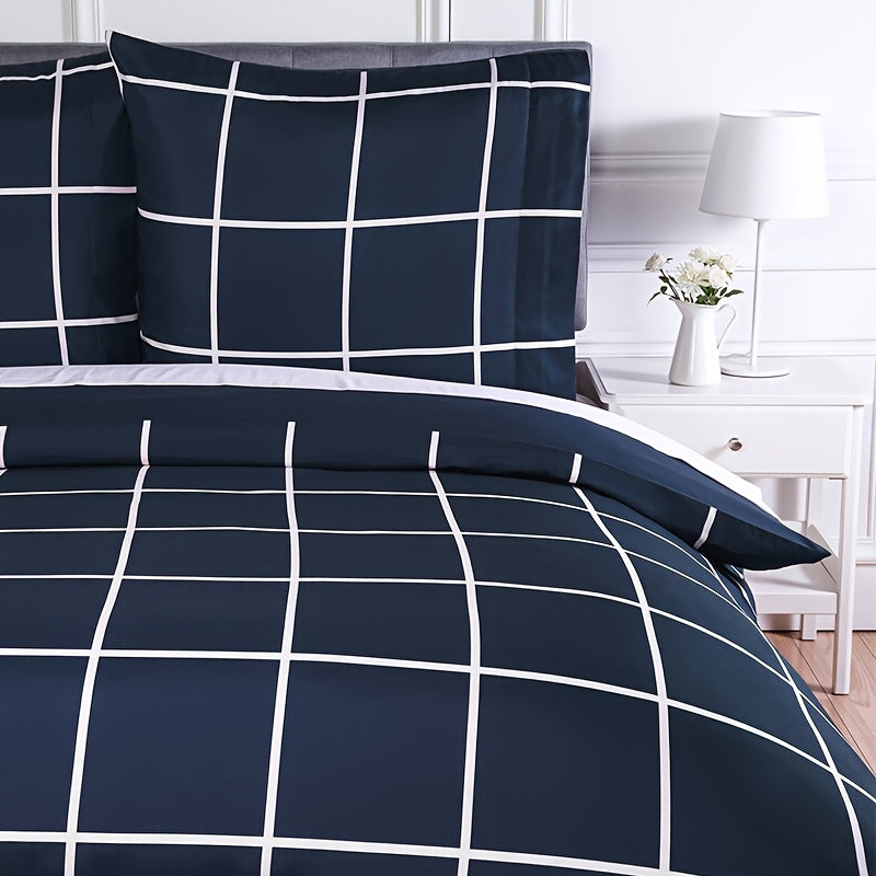 Ensemble de Housse de Couette Microfibre Toutes Saisons 140 x 200 cm Housse de Couette et 1 x 65 x 65 cm Taie dOreiller Carreaux Bleu Marine