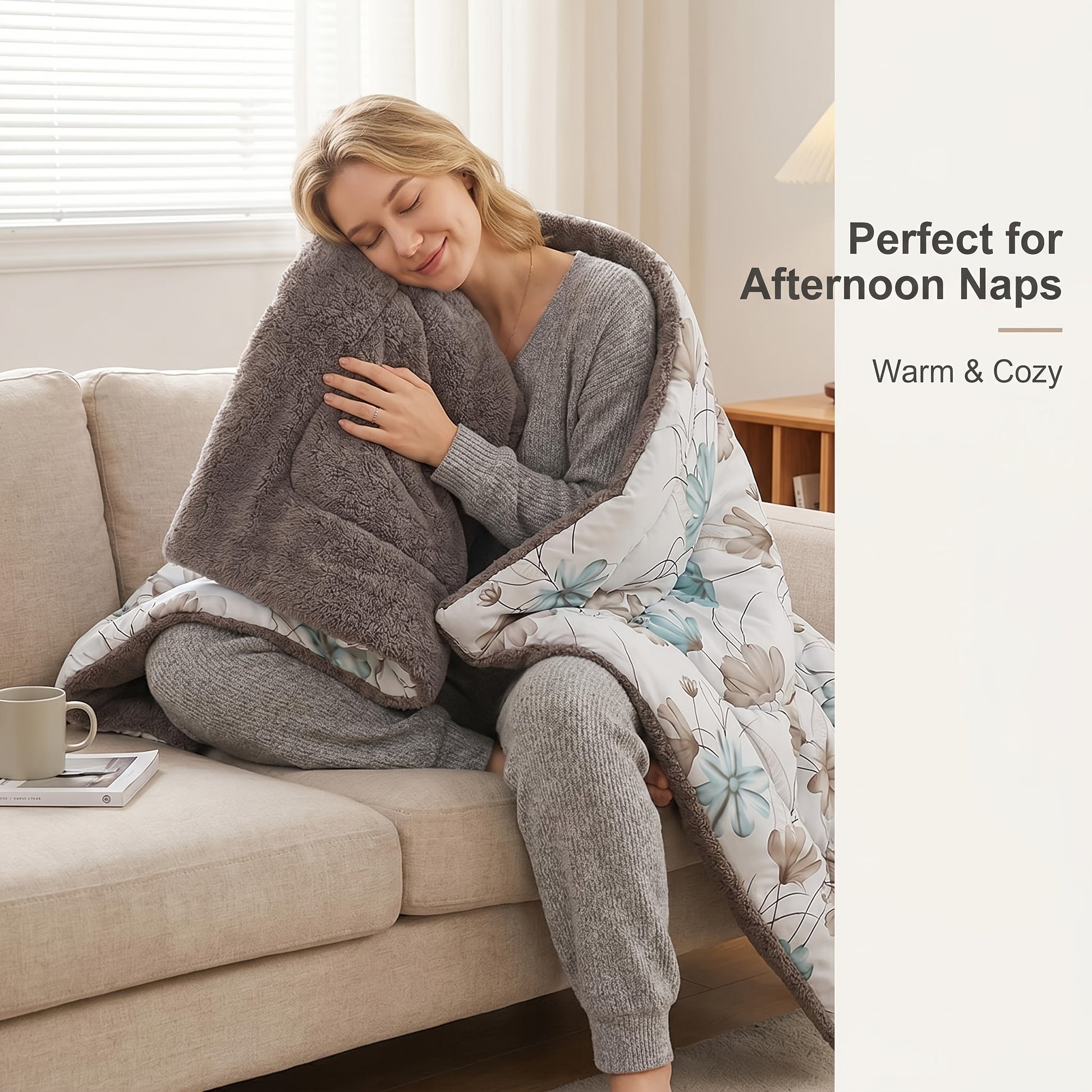 1pc Couette paisse et Chaude  Double Face avec Motifs Floraux en Encre Frache Face Avant avec Impression lgante Douce et Durable Face Arrire paissie avec Longue Peluche Rtention et Gnration de Chaleur Rembourrage pais Double Couche Moelle