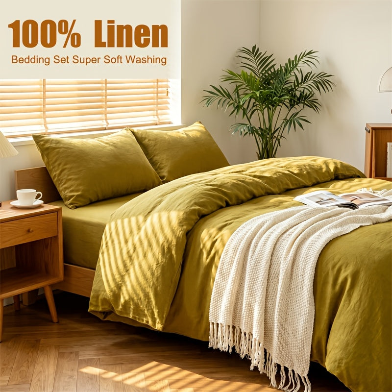 Ensemble de housse de couette kaki 100 lin 4 pices 1 housse de couette 1 draphousse 2 taies doreiller literie en lin uni draphousse  poche profonde de 40 cm respirant absorbant lhumidit doux confortable et durable convient pour lhtel