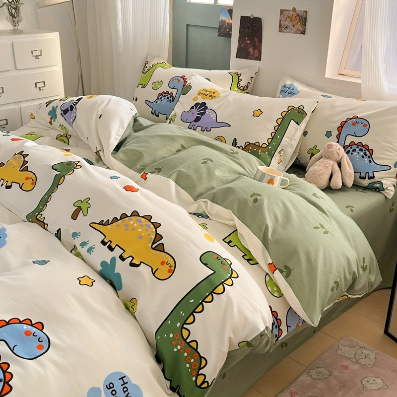 Lavable en machine Ensemble de 4 pices en coton bross avec motif paradis dinosaure beige clair comprenant 1 housse de couette 2 taies doreiller et 1 drap housse Doux respirant et vacuant lhumidit cet ensemble simple mais lgant est lavable e