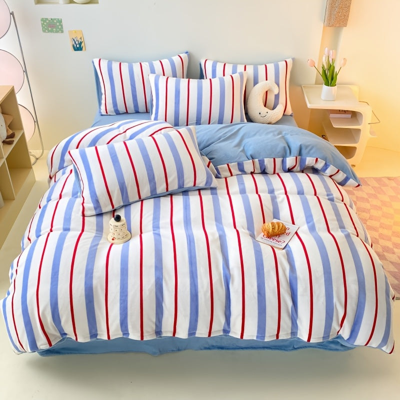Housse de couette en flanelle raye chaude et luxueuse 3 ou 4 pices douce et paisse idale pour lautomne et lhiver lavable en machine antistatique pour chambre et dortoir inclut 1 housse de couette  1 taie