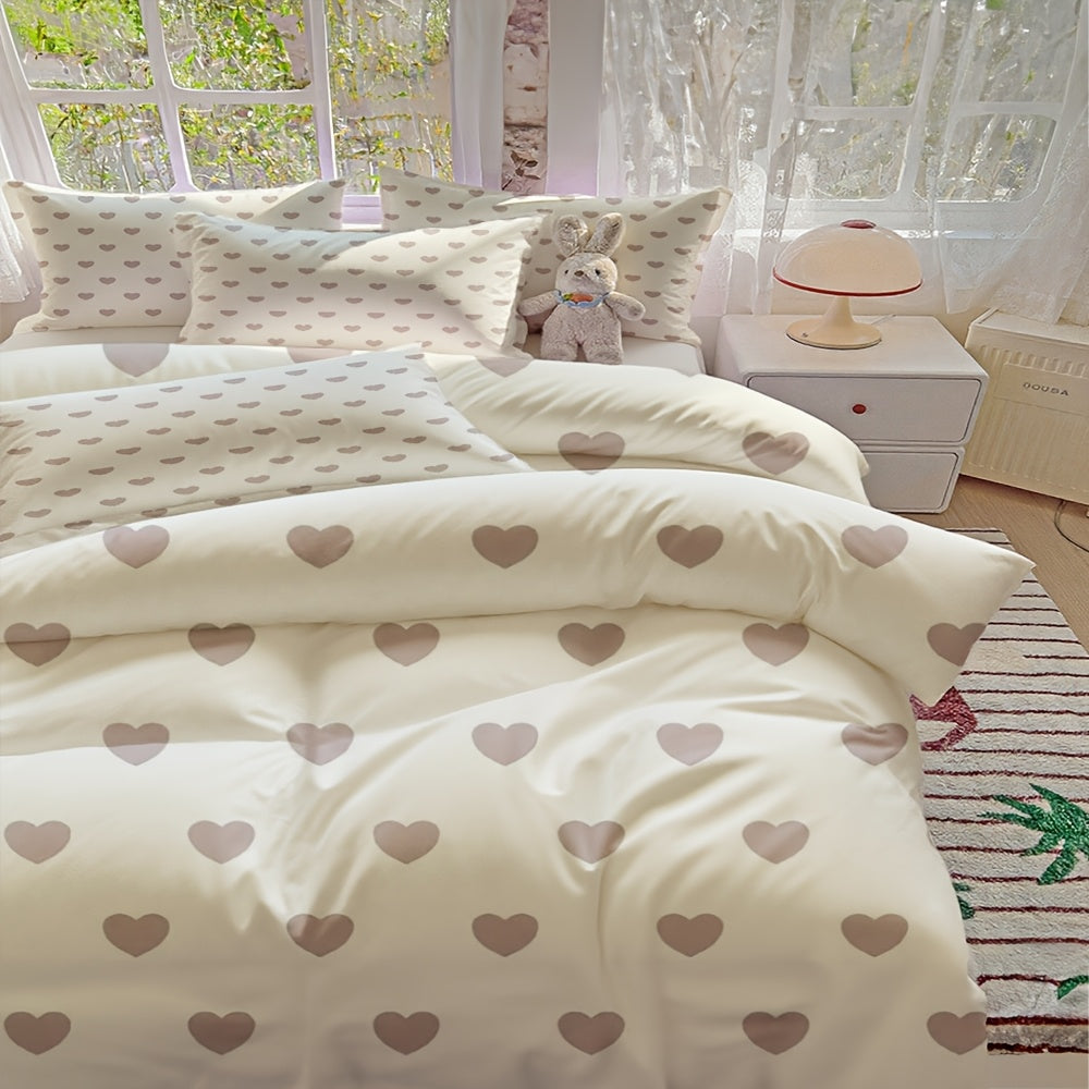 Ensemble de housse de couette 3 pices beige clair  motif de cur style minimaliste doux et respectueux de la peau respirant adapt pour chambre  coucher dortoir appartement et lit double conforme literie toutes saisons 1 housse de couette  2 ta