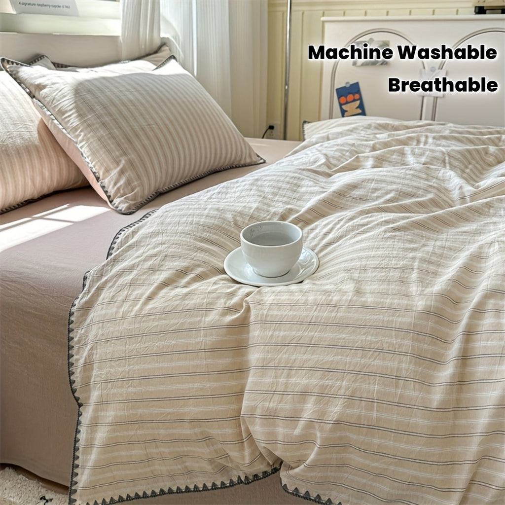 Housse de couette 3 pices en coton teint fil  rayures texture confortable respirante douceur nuage absorption dhumidit vacuation de la transpiration lavable en machine adapte  toutes les saisons