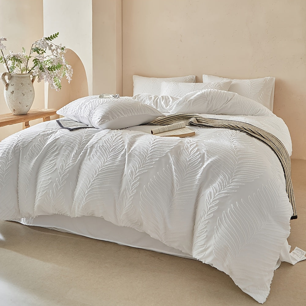 Ensemble de literie 3 pices motifs feuilles blanc et rose 1 housse de couette  fermeture clair et 2 taies tissu doux et confortable pour toutes saisons